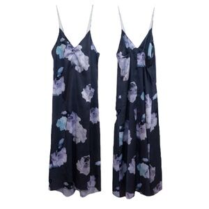 Oak + Fort Gray Floral Satin Strappy Adjustable Formal Sheath Midi Dress Medium